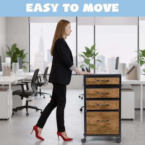 Chunful 4 Drawer Rolling File Cabinet Mobile Printer Stand Metal Cart with Fabric Vertical Filing Chest Wheels A4 Letter Size Under Desk Utility Craft Storage Organizer for Home Office School(Brown)