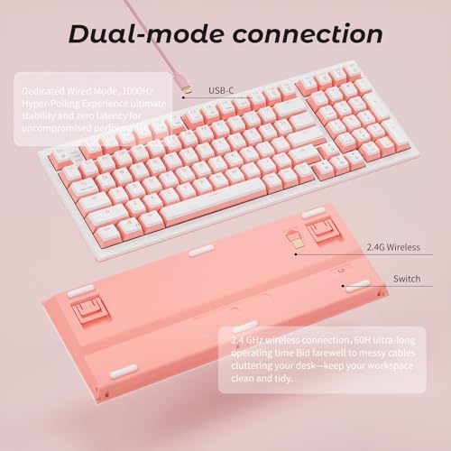 Hexgears X4 Wireless Mechanica Keyboard, 99-Key Clicky Switch White Backlit Gaming Keyboard - NKRO 2.4G/USB-C with Wrist Rest, Pudding Keycaps-White/Pink