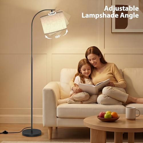 SIBRILLE Floor Lamp with Linen Shade, Arc Dimmable Tall Standing Lamp with Remote Control, Modern Floor Reading Light for Living Room Bedroom Office Corner, 9W LED Bulb Included