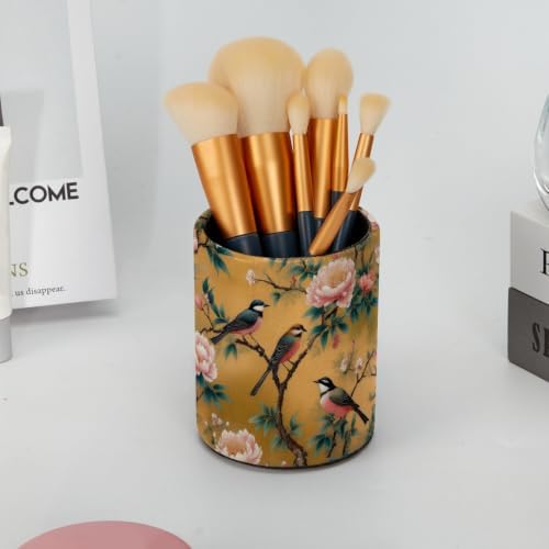 Leather Pen Holder for Desk, Peony Bird Pencil Cup Pen Organizer Makeup Brush Holder for Office Home Kids Countertop Desk Accessory Storage
