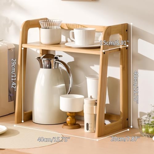 Natural Bamboo Coffee Station Organizer, 2-Tier Wooden Kitchen Counter Shelf for Bar Accessories, Multi-Functional Countertop Storage Rack for Syrup Bottles & Coffee Essentials (Natural Bamboo)