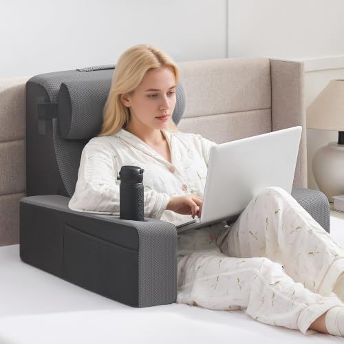 Reading Pillow for Bed, Back Pillow for Bed Sitting Up, Bed Pillows for Sitting Up with Adjustable Armrests, Cup Holder & Large Pocket, Backrest Cushion for Reading, Watching TV (Dark Grey, 4PCS)