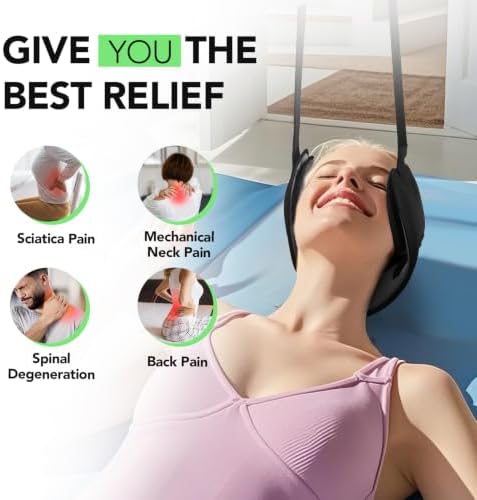 WEEOATAR Adjustable Neck Traction Stretcher Strap for Pinched Nerves, Portable and Easy to Use with Release Buckle, Neck Decompression Device with Ear Hole for Indoors or Outdoors (Black 2)