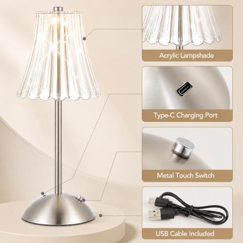 4 Pcs Cordless Table Lamp Rechargeable Touch Lamp Silver Flower
