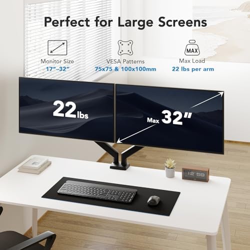 HUANUO Dual Monitor Mount for 2 Monitors up to 32 inches, Each Arm Holds Max 22lbs, Dual Monitor Stand with Advanced System, Height-Adjustable/Tilt/Swivel/Rotate, VESA Standard 75mm or 100mm