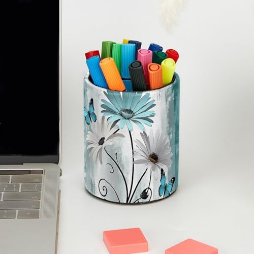 Farm Teal Daisy Butterfly on Country Wooden Pen Holder Pencil Organizer Cute Pencil Cup Desk Decor Makeup Brush Holder PU Multifunctional Office Supplies for Home Classroom School