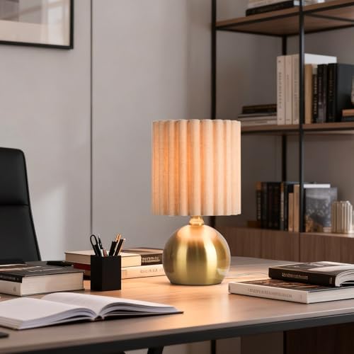 Ziqqeelam Gold Small Table Lamp with Scalloped Linen Shade, Mini Brass Gold Table Lamp for Bedroom Nightstand, Cute Desk Night Light for Living Room, Bookshelf, Kitchen Counter, Kids Room, Office