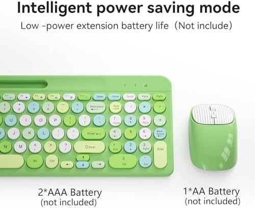 Retro Wireless Keyboard and Mouse Combo, Full-Size USB Keyboard with Round Keycaps, 2.4GHz Wireless for Desktop, Laptop and Computer (Green-Colorful)