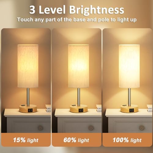 Fenmzee Bedside Table Lamp Set of 2 - Dimmable Touch, USB A+C, AC Outlet
