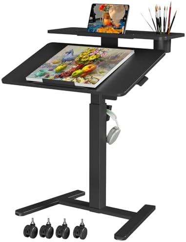 28" Mobile Standing Desk, Tiltable Top with 2-Tier Shelves, Black