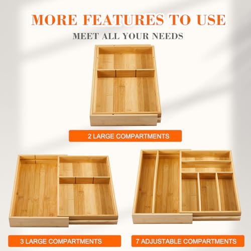 Briwooody Bamboo Sliding Desk Drawer Organizer 9.4'' up to 18'' x 15'' x 2'' Expandable Office Desk Accessories Supplies Tray with 7 Compartments for Pens, Notebooks, Rulers, and Makeup Jewelry Vanity