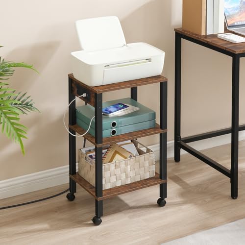 HOOBRO 3-Tier Printer Stand with Charging Station, Under Desk Printer Table, Printer Cart with Storage Shelves, Shelf for Small Spaces, for Home Office, Rustic Brown and Black BF63UPS01