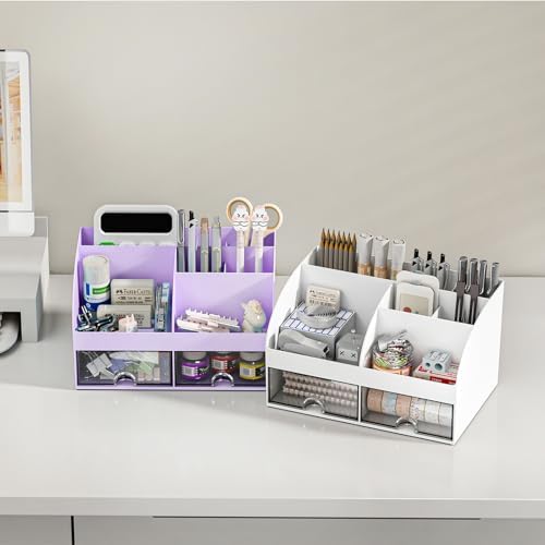 COMFYROOM Desk Organizer with 6 Compartments and 2 Drawers, Plastic Makeup Organizer, Pen Holder for Desktop Storage, Desk Organization for School, Home, Office Supplies (Purple)