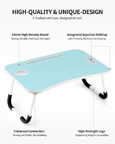 FISYOD Foldable Laptop Table, Portable Lap Desk Bed Table Tray, Laptop Stand with Cup Holder & Tablet Slot & Lifting Handle for Working Writing Drawing & Eating (Blue)