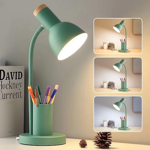 LED Desk Lamp for Home Office, Table Lamp with Pen Holder, 3 Color Modes Reading Light, Eye-Caring Desk Light with Gooseneck, Metal Study Lamp for Dorm Bedside Bedroom (Green Lamp)