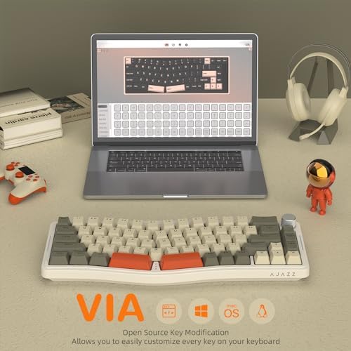 AJAZZ AKS068 65% Wired Mechanical Gaming Keyboard with Coiled Cable, 68-Key Alice-Layout Mechanical Keyboard, RGB Hot Swappable Red Switches VIA/QMK Programmable Knob Gasket Mount for Win/Mac (Grey)