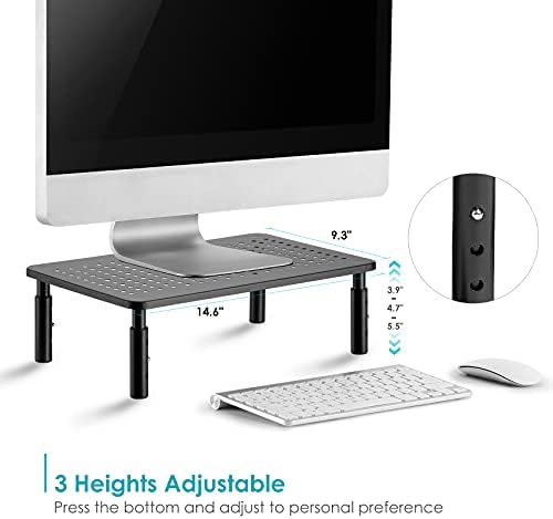 LOTEYIKE Monitor Riser Desktop Stand, Flat Screen TV Monitor Stand Riser, Sturdy Metal Laptop Computer Monitor Stand Shelf for Printer, iMac, 3 Height Adjustable PC Stand with Mesh Platform