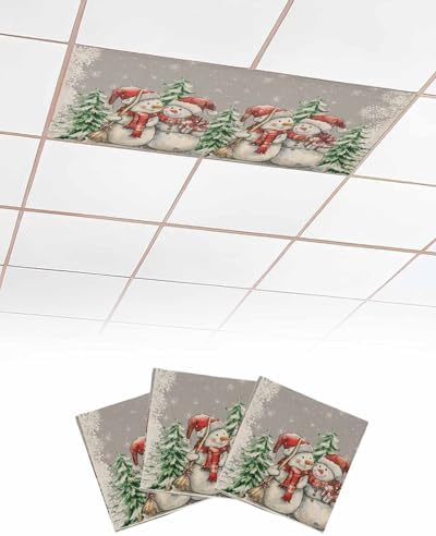 Grey Christmas Magnetic Fluorescent Light Covers for Ceiling Lights 2 x 4 Feet,Snowman Snowflakes Green Pine Tree Retro Office Classroom Kitchen Drop Ceiling Light Covers Filters Shade Panel 3 Packs