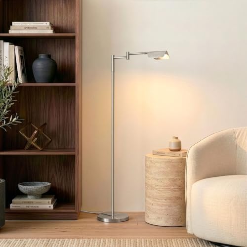 Brightech Leaf Pharmacy LED Reading Lamp, Dimmable Floor Lamp with Easy Adjustable Rotation Over Chair or Desk for Living Room, Work Light for Office, Modern Minimalist Home Decor - Platinum Silver