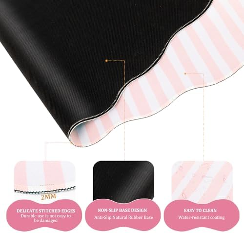 L-SPOUTTO Pink Striped Mouse Pad Set,Scalloped XXL Desk Mat + Ergonomic Mouse Wrist Rest + Gel Keyboard Wrist Rest for Keyboard 65%/75%,3in1 Large Desk Pad for Desktop Home Office Computer Game