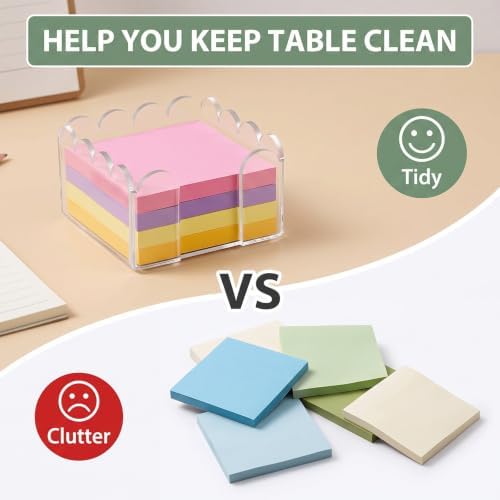 Scalloped Acrylic Sticky Note Holder, 3×3 Inch Clear Sticky Note Dispenser, Thick Wave‑Design Notepad Holder, Anti‑Slip Desk Organizer for Office Home Dorm Classroom