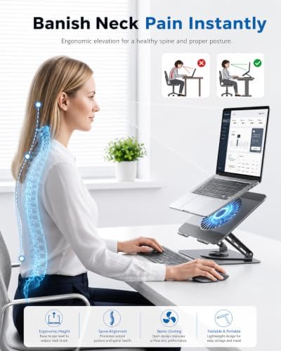 Laptop Stand with Cooling Fan, 360° Rotating Base, Adjustable Height & Angle, Ergonomic Computer Riser with Non-Slip Silicone Pads