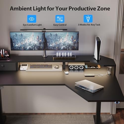 Agilestic 63*35 Inch L Shaped Standing Desk with Shelf & Led& Outlet, Black
