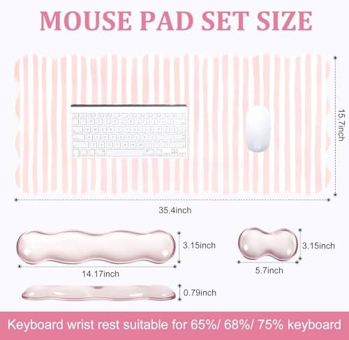L-SPOUTTO Pink Striped Mouse Pad Set,Scalloped XXL Desk Mat + Ergonomic Mouse Wrist Rest + Gel Keyboard Wrist Rest for Keyboard 65%/75%,3in1 Large Desk Pad for Desktop Home Office Computer Game