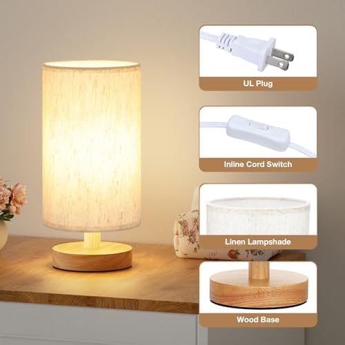 Fenmzee Small Lamps Set of 2 (Cream Shade - Wood Base, 9" Inline Control)