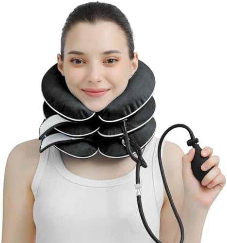 Cervical Neck Traction Device for Neck Pain Relief - Inflatable Neck Stretcher Collar for Decompression - Best Home Use Neck Brace Pump (Black Plush)