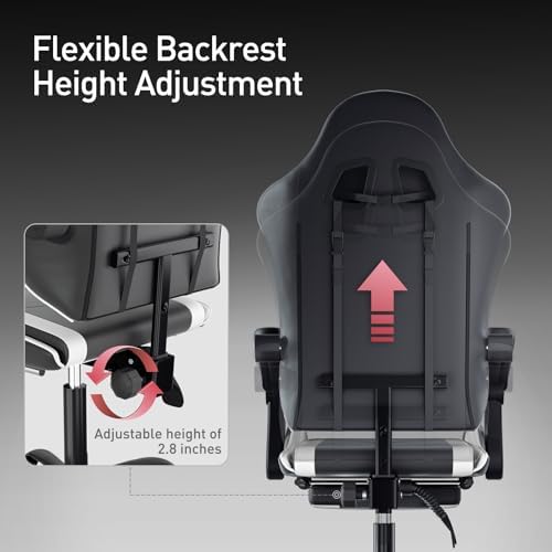 MoNiBloom Gaming Chair, Footrest & Lumbar Support, Height Adjust, White