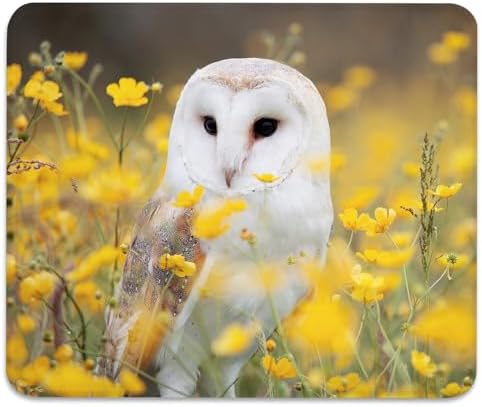 White Barn Owl Spring Yellow Wildflowers Mouse Pad, Cute Durable Desk Mat