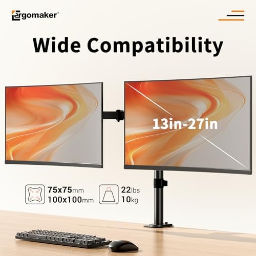 ERGOMAKER Dual Monitor Mount, Height Adjustable Swivel for 13-27" Screens