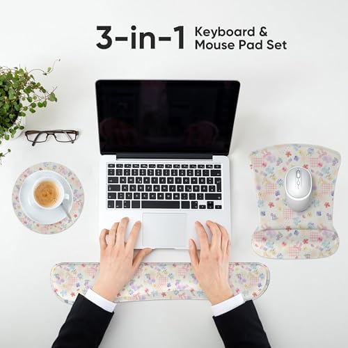 Ergonomic Memory Foam Keyboard Mouse Pad Set with Wrist Rest Support,Non-Slip Hand Wrist Cushion for Laptop/Notebook/Desktop/Computer/Gaming/Office,Easy Typing& Pain Relief (Flowers & Bowknot)