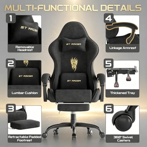 Ferghana Velvet Ergonomic Gaming Chair for Adults, Reclining Racing Computer Desk Chair with Footrest & Massage Lumbar Cushion, Comfortable Home Office Video Game Chair, Black