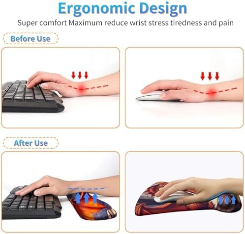 Ergonomic Mouse Pad with Wrist Support Gel Mouse Pads and Upgrade Keyboard Wrist Rest Pad Set, Coasters Non-Slip PU Base Mouse Mat for Office Gaming Computer Laptop Home, Red Dragon Books