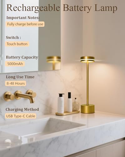 2 Pack LED Cordless Table Lamp Rechargeable, 5000mAh Portable Battery Operated LED Desk Lamp, 3 Color Dimmable Table Light for Reading/Home Office/Dining for Home Décor – Bright Gold