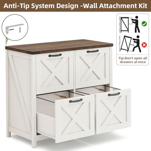 Halitaa Farmhouse Lateral File Cabinet with 4 Drawers, White and Brown