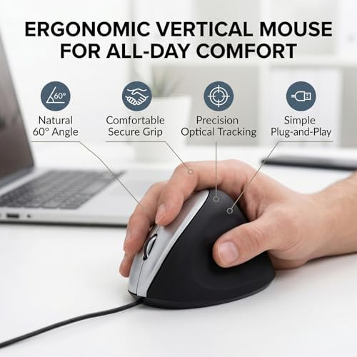 Yunseity Vertical Mouse USB Wired Ergonomic Mouse with 3 Buttons and 4.4ft Cable for PC Laptops Ergonomic Design 60 Angle Lightweight Optical Tracking