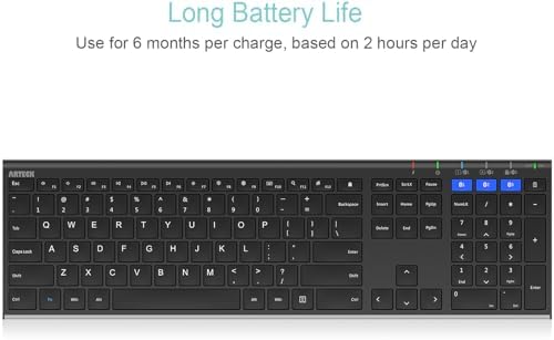 Arteck HB192 Universal Bluetooth Keyboard Multi-Device Stainless Steel Full Size Wireless Keyboard for Windows iOS Android Computer Desktop Laptop Surface Tablet Smartphone Rechargeable Battery