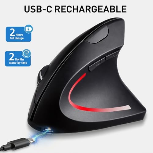 Ergonomic Mouse, Bluetooth and 2.4G Dual Mode Rechargeable Wireless Vertical Mouse, 800/1200/1600 Adjustable DPI, Quiet Clicks,6 Buttons,2.4GHz USB-A Optical Mice for Laptop/MacBook/PC/Desktop-Black