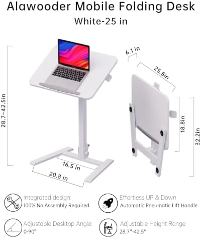 alawooder 25" Mobile Folding Desk: Pneumatic Sit-Stand, No Assembly