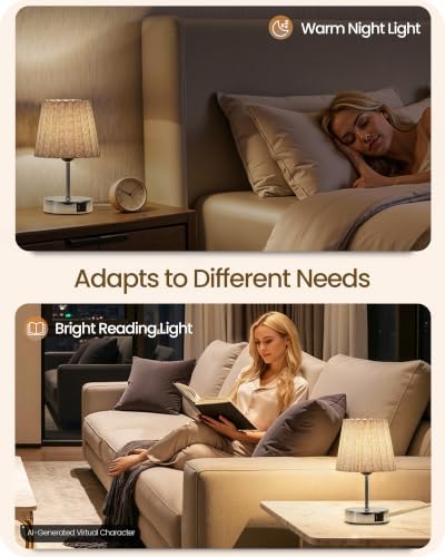 Small Bedside Table Lamp, Touch Dimmable Table Lamp with USB Ports, Nightstand Lamp with a Stepless Dimming LED Bulb, E26 Base, for Bedroom, Study, Desk, Glossy Gray and Gray PSH16TL05