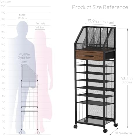 SWTYMIKI 9-Tier Rolling File Cart - Paper Organizer with Drawer and Trays, Wood Desk Office Organizer, Office Organization and Binder Storage for Workspace, Home, School, Espresso