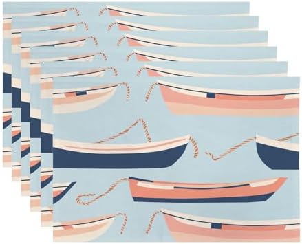 Nautical Small Boats Linen Placemats, Seaside Marine Table Mats for Table Washable Heat Insulation Thick Dining Mat, Indoor/Outdoor 12X18 in 6 Pcs