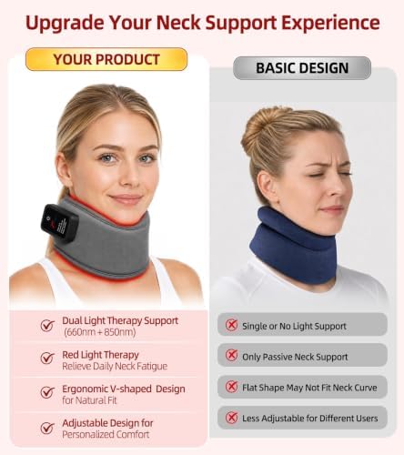 Red Light Therapy Neck Brace, 660nm & 850nm Infrared Light Therapy for Neck Pain Relief & Support, 3 Light Modes and Timer, Adjustable Wireless Cervical Collar for Home Office Use (Grey)