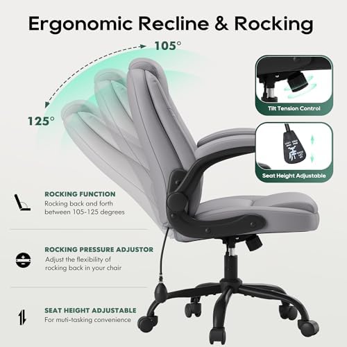 MALOL Leather Office Chair, Computer Desk Chair with Adjustable Lumbar Support, Thick Cushion, Flip-Up Arms and Ergonomic Back, Comfy Executive Office Chair for Home Office Gaming,Grey