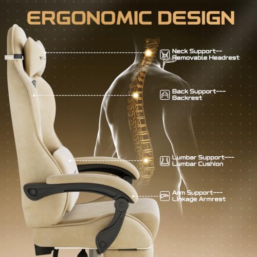 Ferghana Ergonomic Velvet Fabric Gaming Chair with Embroidery Fire, Massage Lumbar Support & Retractable Footrest, Reclining Racing Computer Office Desk Chair for Adults, Beige