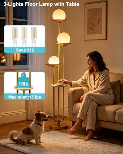 Lightdot 3-Globe Dimmable Floor Lamp with Table Modern Floor Lamps 3000K Warm White Bulbs Included Gold Tall Standing Lamp with 5Lbs Heavy Base for Living Room/Bedroom/Sofa Beside/Corner Decor