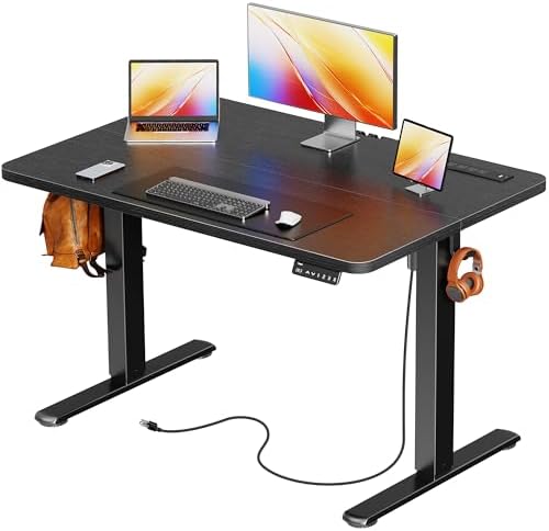 Huuger 39 X 24 Inch Electric Standing Desk with Power Outlets and USB-C Port, Height Adjustable Desk, Sit Stand Desk for Home Office, Computer & Gaming Desk with 3 Presets, Stable Steel Frame, Black